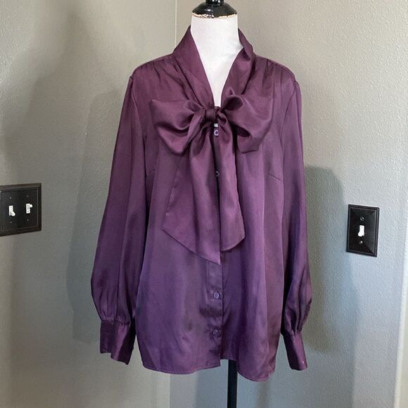 Covington Purple Fashion Ladies Long Sleeve Tie Front Blouse Button Down - Picture 1 of 10